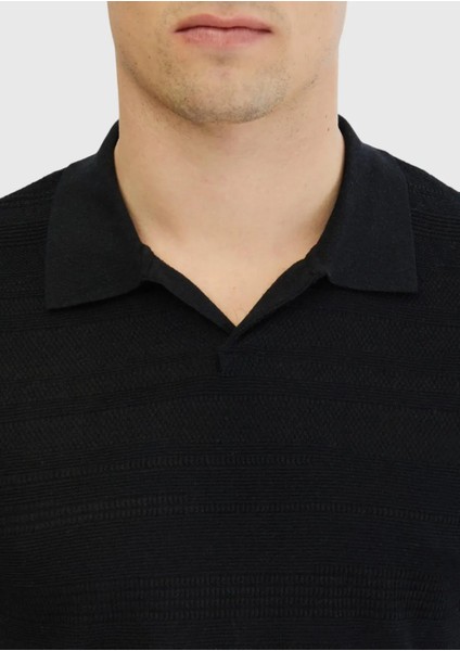 Siyah Polo Yaka Jakarlı Keten Karışımlı Triko fırsatları