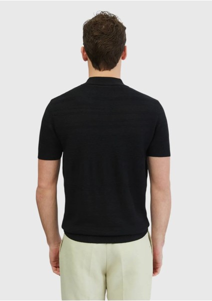 Siyah Polo Yaka Jakarlı Keten Karışımlı Triko indirimleri