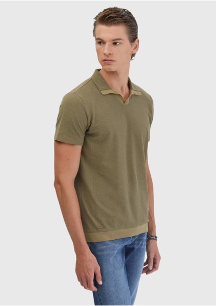 Yağ Yeşili Jakarlı Polo Yaka %100 Pamuk T-Shirt modelleri