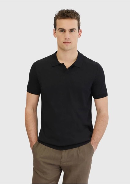 Siyah Polo Yaka Düz Örgü Triko