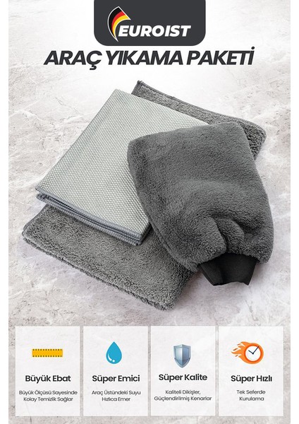 Mikrofiber Oto Temizlik Seti | Araç Kurulama Havlusu, Cam Bezi ve Araba Yıkama Eldiveni