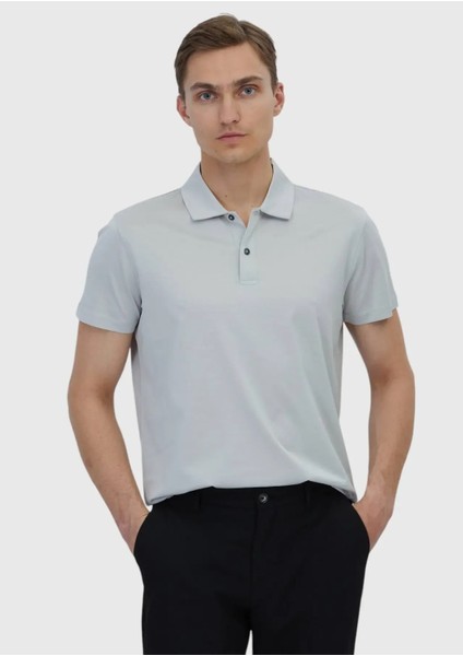 Açık Gri Düz Polo Yaka %100 Pamuk T-Shirt
