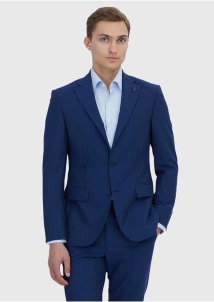 Açık Indigo Çizgili Modern Fit Yün Karışımlı Takım Elbise