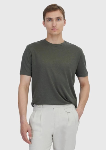 Haki Düz Bisiklet Yaka %100 Keten T-Shirt