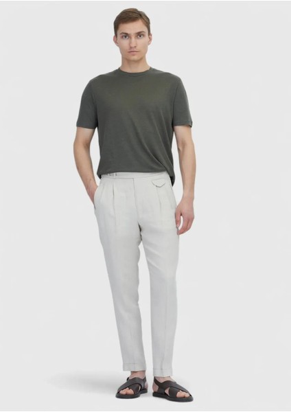 Haki Düz Bisiklet Yaka %100 Keten T-Shirt fiyatları