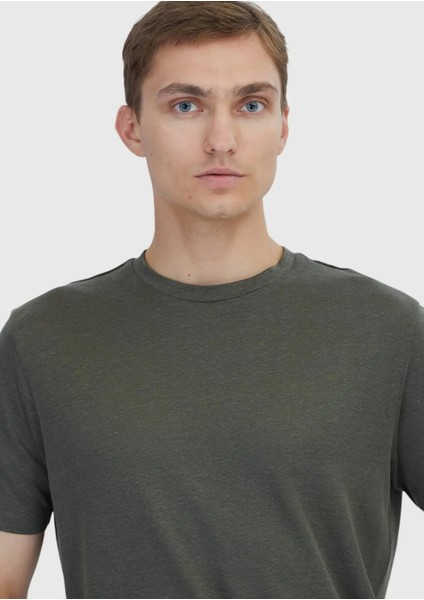 Haki Düz Bisiklet Yaka %100 Keten T-Shirt modelleri