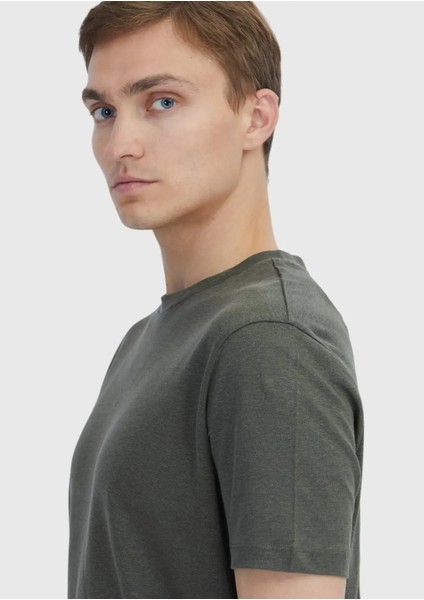 Haki Düz Bisiklet Yaka %100 Keten T-Shirt fırsatları