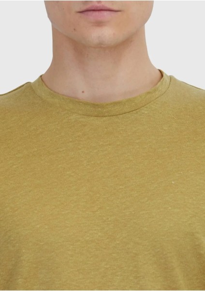 Yağ Yeşili Düz Bisiklet Yaka %100 Keten T-Shirt fırsatları