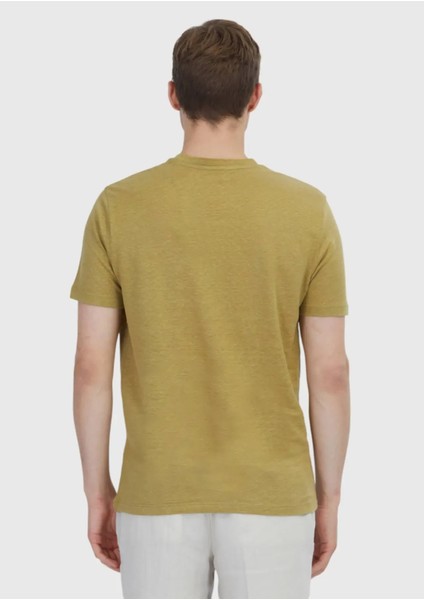 Yağ Yeşili Düz Bisiklet Yaka %100 Keten T-Shirt indirimleri