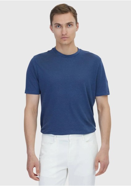 Indigo Düz Bisiklet Yaka %100 Keten T-Shirt