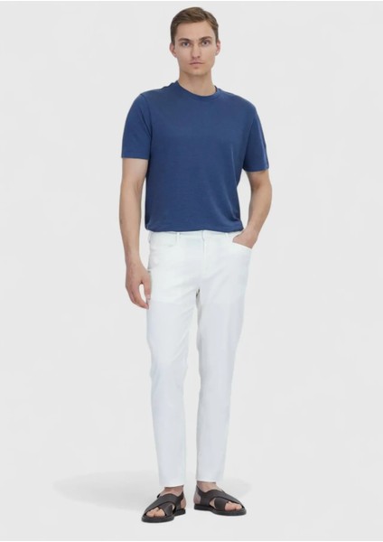 Indigo Düz Bisiklet Yaka %100 Keten T-Shirt fiyatları