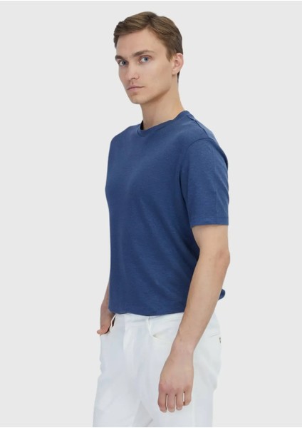 Indigo Düz Bisiklet Yaka %100 Keten T-Shirt modelleri
