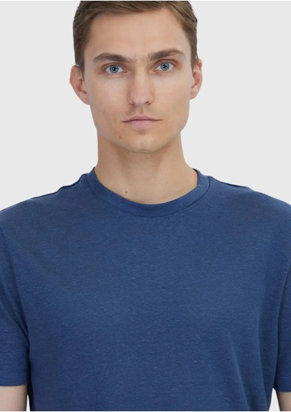 Indigo Düz Bisiklet Yaka %100 Keten T-Shirt fırsatları