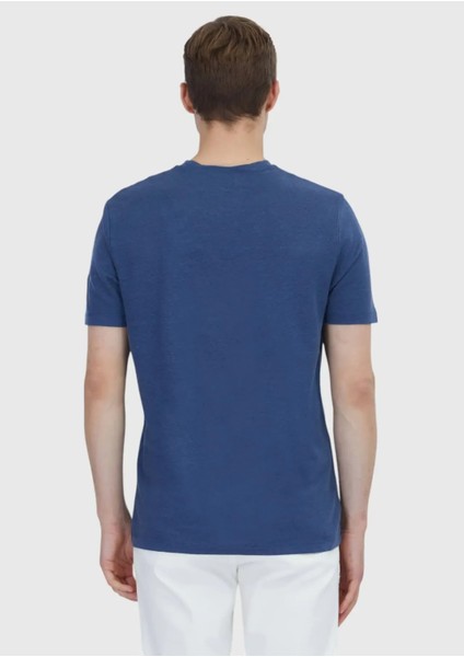 Indigo Düz Bisiklet Yaka %100 Keten T-Shirt indirimleri
