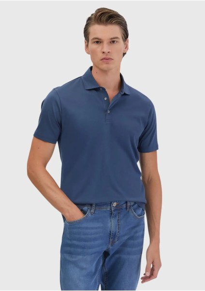 Indigo Düz Polo Yaka %100 Pamuk T-Shirt