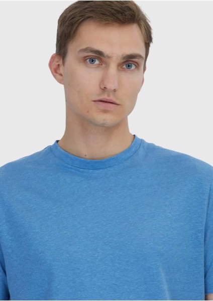 Mavi Düz Bisiklet Yaka %100 Keten T-Shirt modelleri
