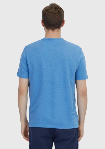 Mavi Düz Bisiklet Yaka %100 Keten T-Shirt indirimleri