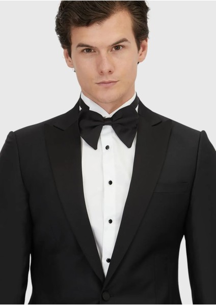 Siyah Düz Fashion Slim Fit Kruvaze Yaka Dokuma Smokin Takım Elbise modelleri