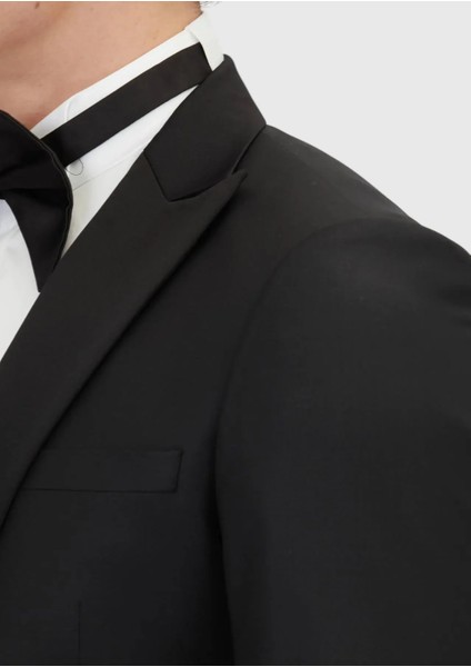 Siyah Düz Fashion Slim Fit Kruvaze Yaka Dokuma Smokin Takım Elbise fırsatları