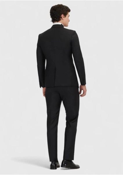 Siyah Düz Fashion Slim Fit Kruvaze Yaka Dokuma Smokin Takım Elbise indirimleri