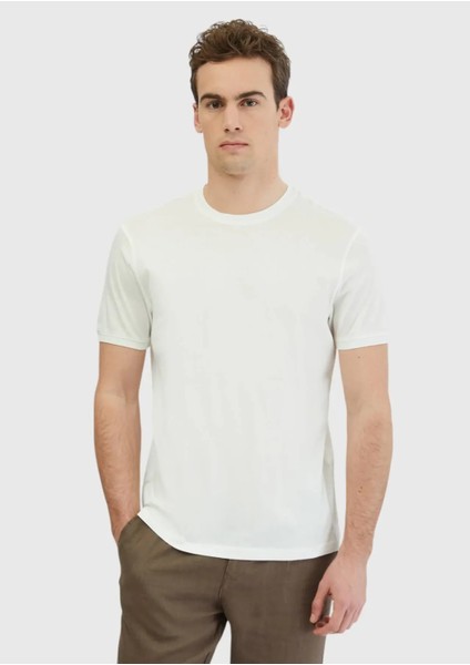 Beyaz Düz Bisiklet Yaka %100 Pamuk T-Shirt