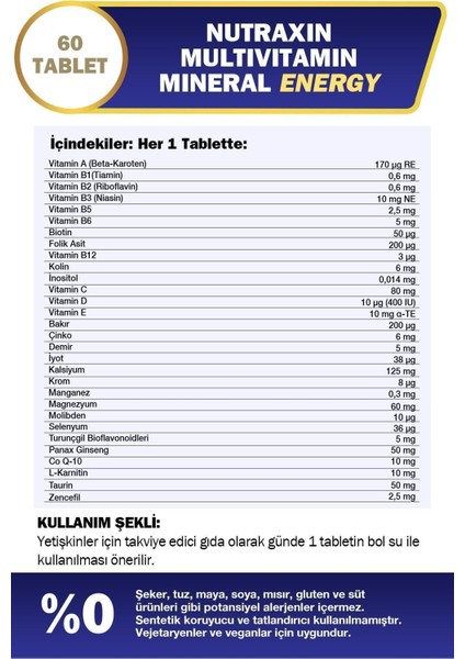 Nutraxin Multivitamin Mineral Energy 60 Tablet fiyatları
