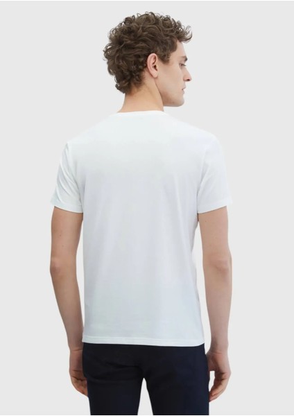 Beyaz Düz Bisiklet Yaka Pamuk Karışımlı T-Shirt indirimleri