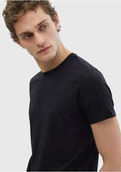 Siyah Düz Bisiklet Yaka Pamuk Karışımlı T-Shirt modelleri