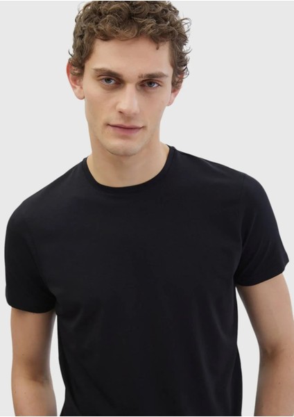 Siyah Düz Bisiklet Yaka Pamuk Karışımlı T-Shirt fırsatları