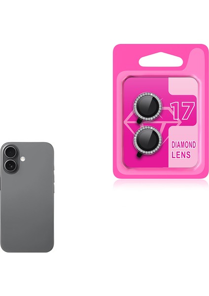 Apple iPhone 17 Cl-06 Kamera Lens Koruyucu Tempered Cam Renkli Taşlı Tasarım Gri