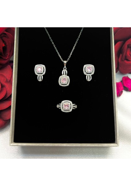 Pembe Kare Kadın 3'lü Set 925 Ayar Gümüş Zirkon Rodyumlu Taşlı