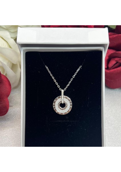 Zirkon Taşlı Halka Kadın Kolyesi 925 Ayar Gümüş Zincirli Rodyum Kaplama