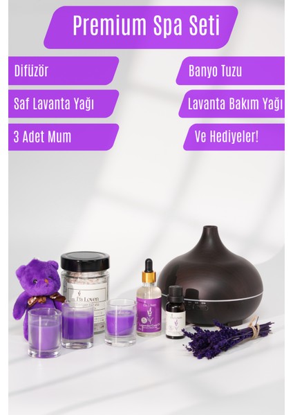Premium Spa Seti - Lavanta Yağı, Lavanta Bakım Yağı, Hava Nemlendirici, Banyo Tuzu ve Hediyeleri