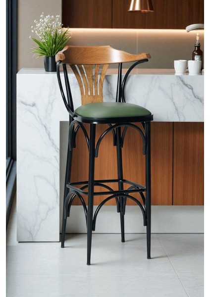 Denge Serisi 65 cm Yeşil Ada Mutfak Bar Sandalyesi Suni Deri Siyah Metal Ayaklı