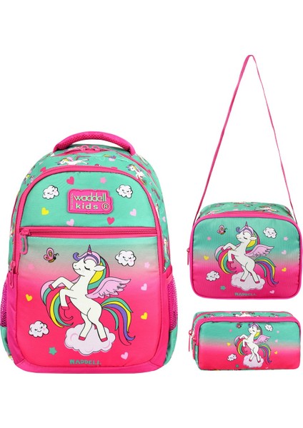 Lisanslı Fuşya Unicorn Desenli İlkokul Çantası Beslenme Çantası ve Kalemlik