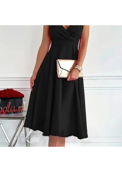 Kadın Ithal Krep Kumaş Kruvaze Yaka Eteği Kloş Kolsuz Mini Elbise