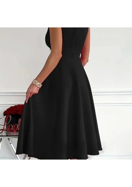 Kadın Ithal Krep Kumaş Kruvaze Yaka Eteği Kloş Kolsuz Mini Elbise fiyatları