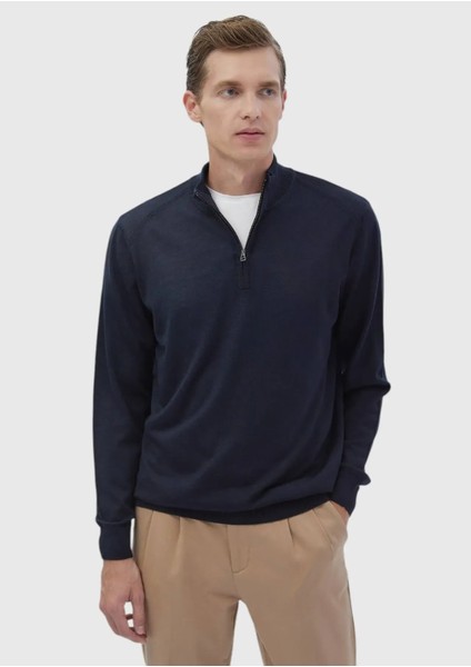 Koyu Indigo Yarım Balıkçı Yaka Düz Örgü Yün Karışımlı Triko Kazak