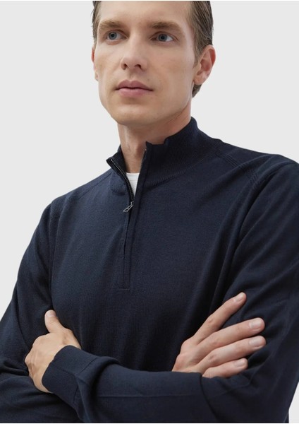 Koyu Indigo Yarım Balıkçı Yaka Düz Örgü Yün Karışımlı Triko Kazak fırsatları