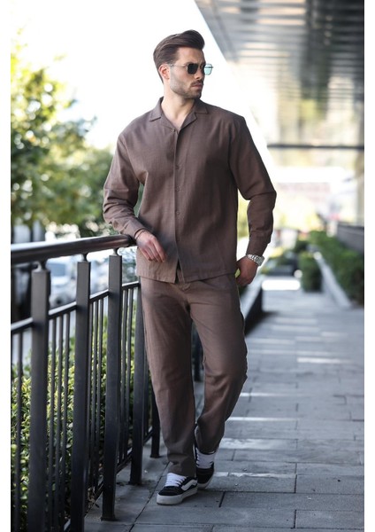 Kahverengi Rahat Kesim Erkek Keten Gömlek Pantolon Takım E7327