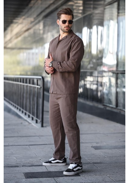 Kahverengi Rahat Kesim Erkek Keten Gömlek Pantolon Takım E7327 fiyatları
