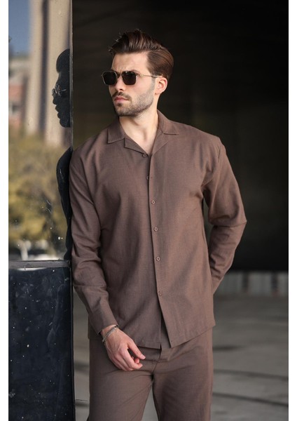 Kahverengi Rahat Kesim Erkek Keten Gömlek Pantolon Takım E7327 modelleri