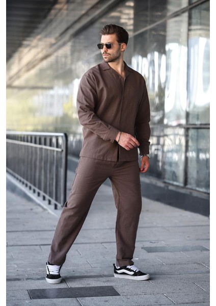 Kahverengi Rahat Kesim Erkek Keten Gömlek Pantolon Takım E7327 fırsatları