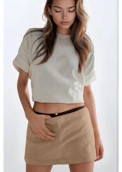 Kadın Düşük Bel Mini Şort Deve Kahvesi