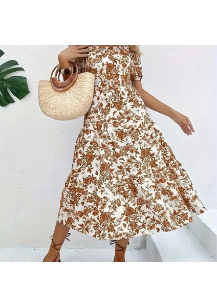 Kadın Kısa Kollu Kare Yakalı Lastikli Desenli Süprem Elbise