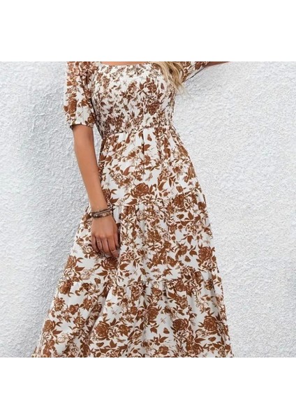 Kadın Kısa Kollu Kare Yakalı Lastikli Desenli Süprem Elbise fiyatları