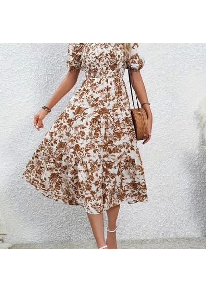 Kadın Kısa Kollu Kare Yakalı Lastikli Desenli Süprem Elbise modelleri