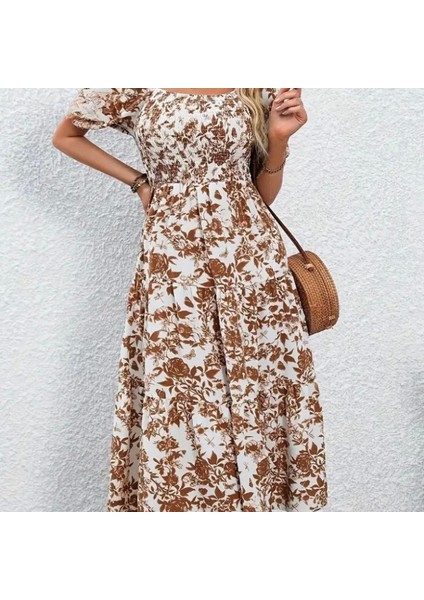 Kadın Kısa Kollu Kare Yakalı Lastikli Desenli Süprem Elbise fırsatları