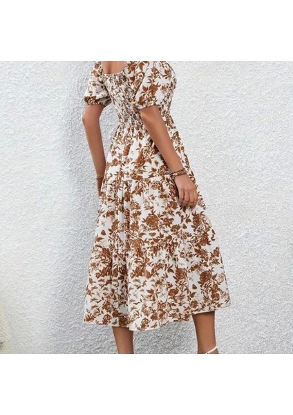 Kadın Kısa Kollu Kare Yakalı Lastikli Desenli Süprem Elbise indirimleri