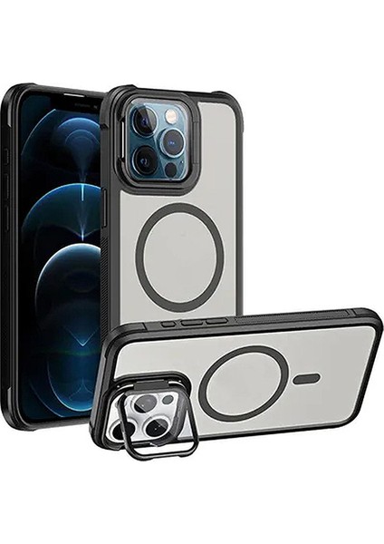iPhone 12 Pro Max Uyumlu Standlı Kamera Kısmı Cam Korumalı Arkası Mat Renkli Magsafe Kılıf